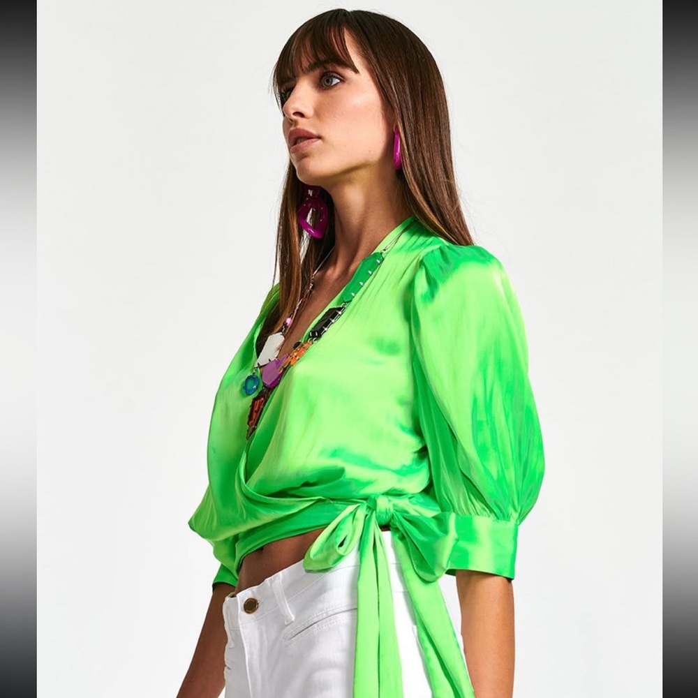 Essentiel Antwerp WHAM Neon Green Tie Waist Blouse Size 38 (Medium) - Picture 3 of 8